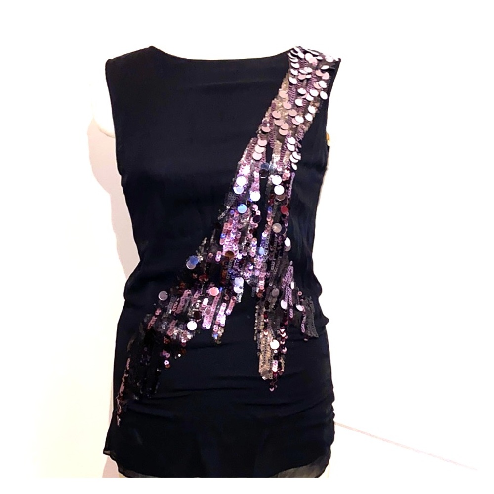 MM Couture black silk tunic with sequin design.